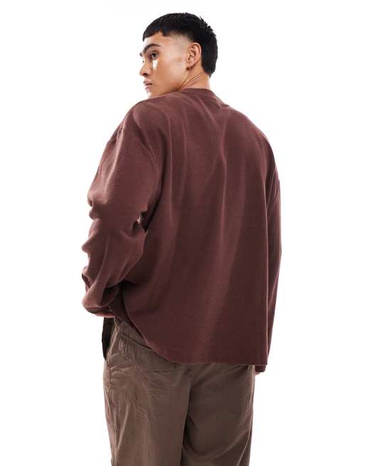 ASOS DESIGN oversized long sleeve textured t-shirt with side slit in dark brown, 2 of 4