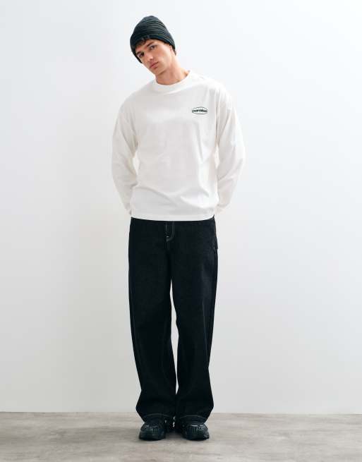 ASOS DESIGN oversized long sleeve top with badge graphic print in cream, 2 of 5