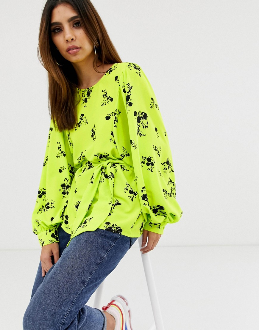 ASOS DESIGN oversized long sleeve top with belt in floral print-Multi