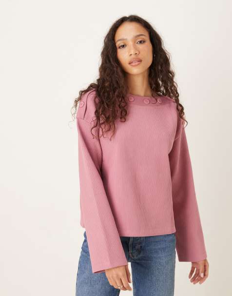 ASOS DESIGN oversized long sleeve top with button detailing in dusty rose - view 1