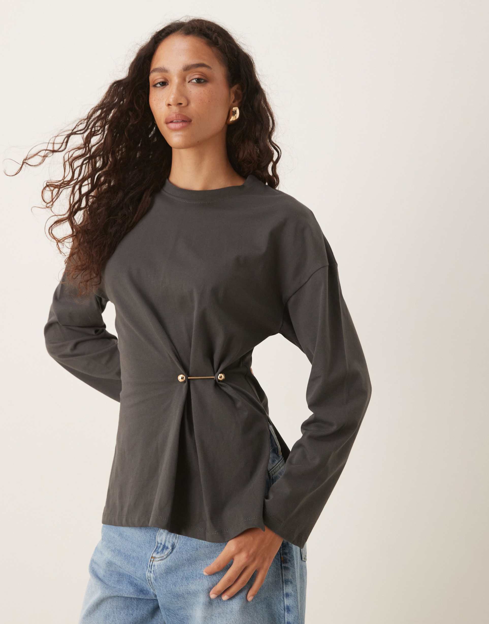 asos design oversized long sleeve top with cinched waist hardware detail in charcoal