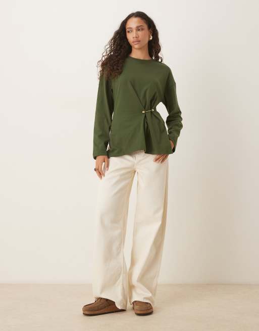 ASOS DESIGN oversized long sleeve top with cinched waist hardware detail in khaki, 2 of 4