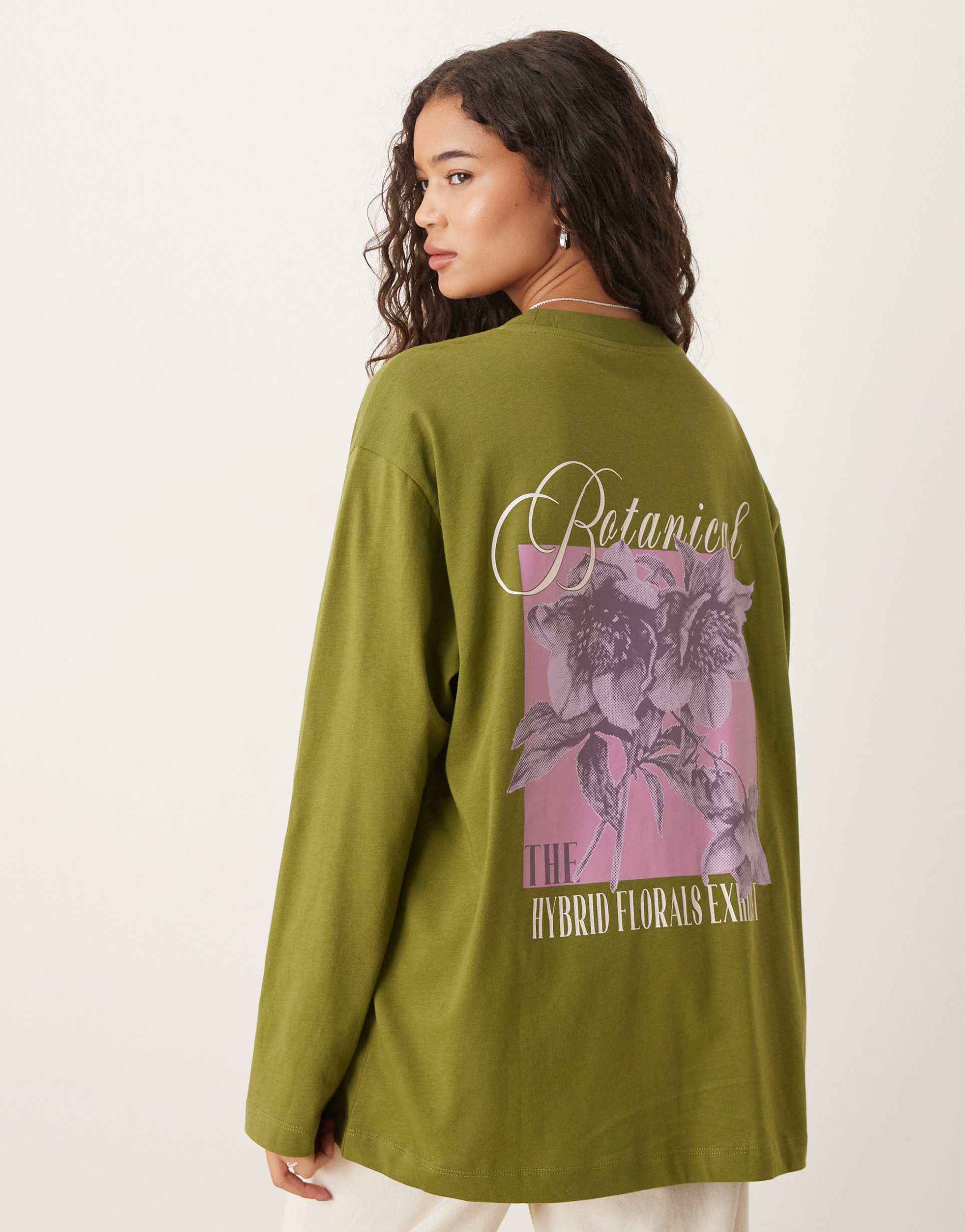 asos design oversized long sleeve top with floral graphic in olive