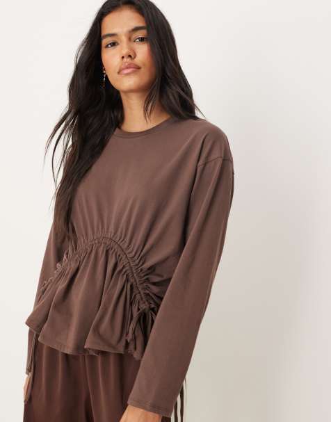 ASOS DESIGN oversized long sleeve top with ruched channel detail in chocolate - view 1