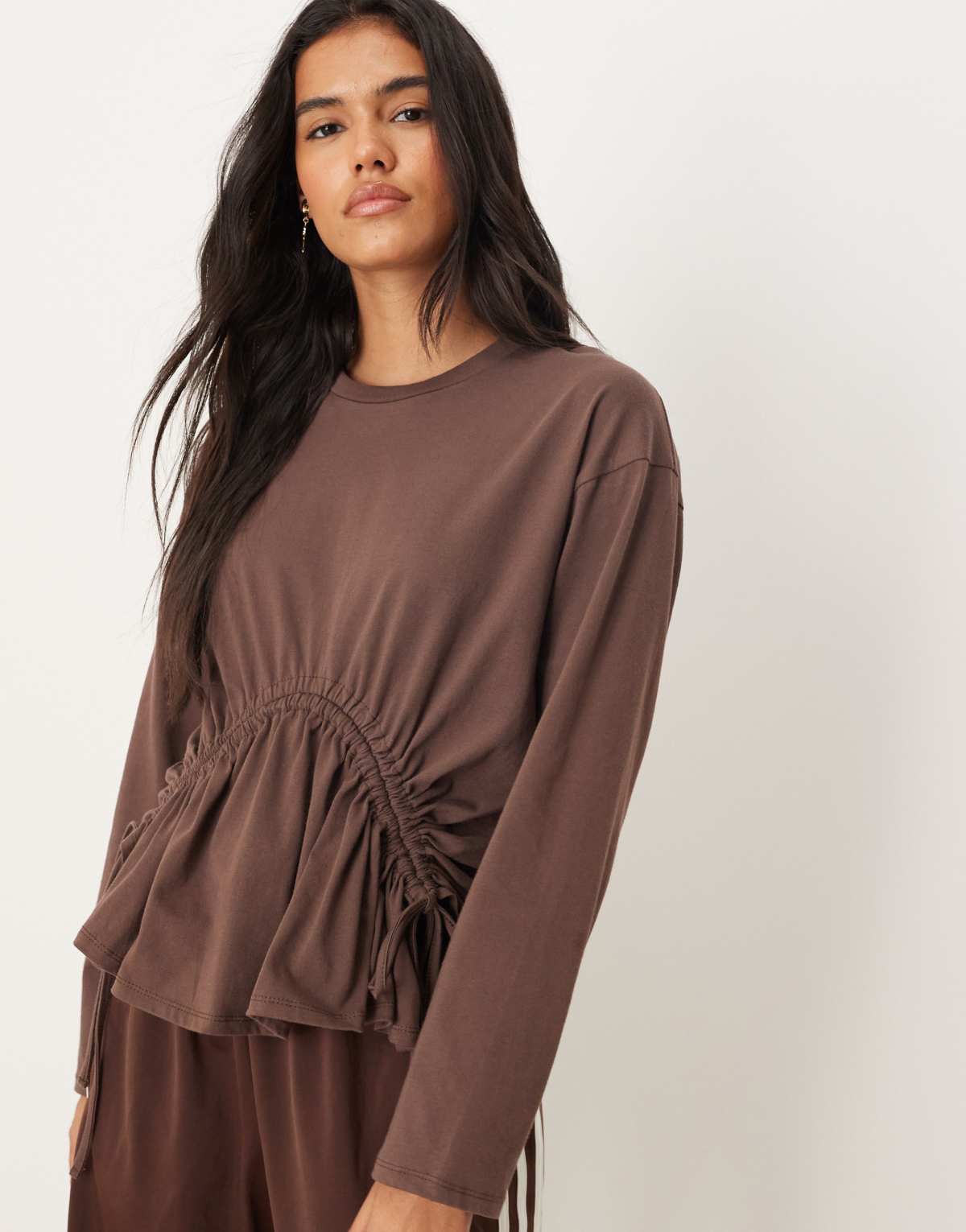 ASOS DESIGN oversized long sleeve top with ruched channel detail in chocolate