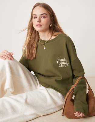 Asos Design Oversized Long Sleeve Top With Sunday Training Club Puff Print In Olive-Green