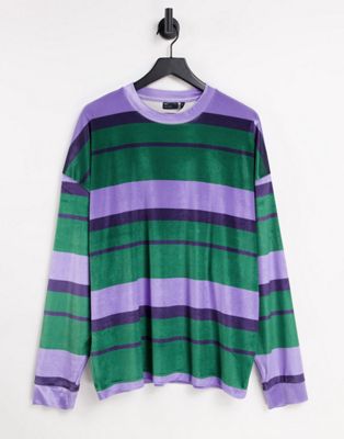 ASOS DESIGN oversized long-sleeve velour stripe t-shirt in green & blue