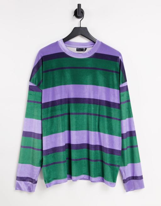 ASOS DESIGN oversized long-sleeve velour striped T-shirt in green & blue