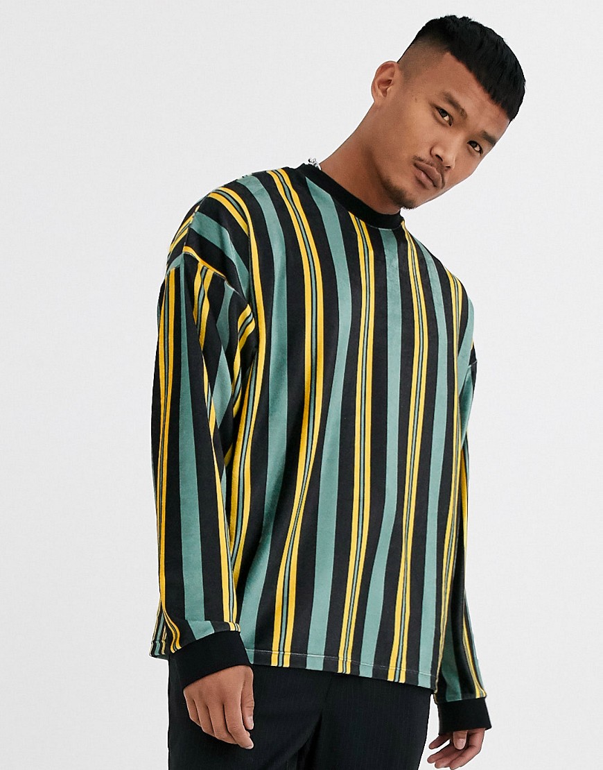 ASOS DESIGN oversized long sleeve vertical stripe t-shirt in velour-Multi
