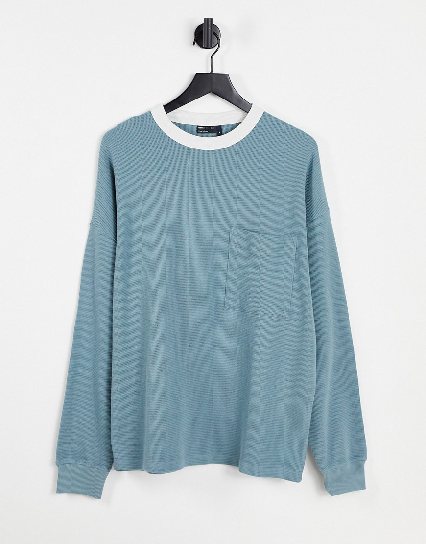 ASOS DESIGN oversized long sleeve waffle t-shirt in blue with cream ringer-Blues