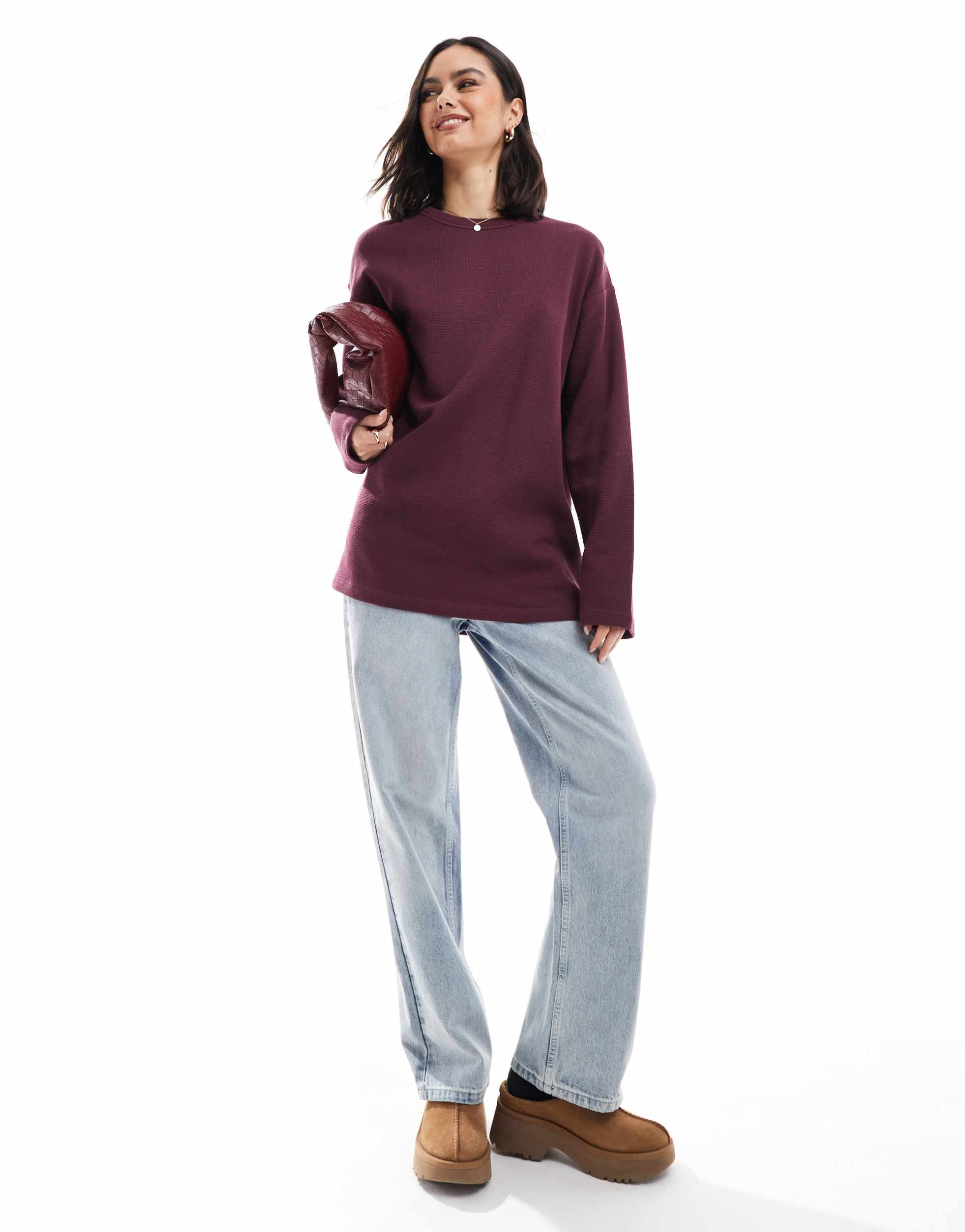 asos design oversized long sleeve waffle t-shirt in burgundy