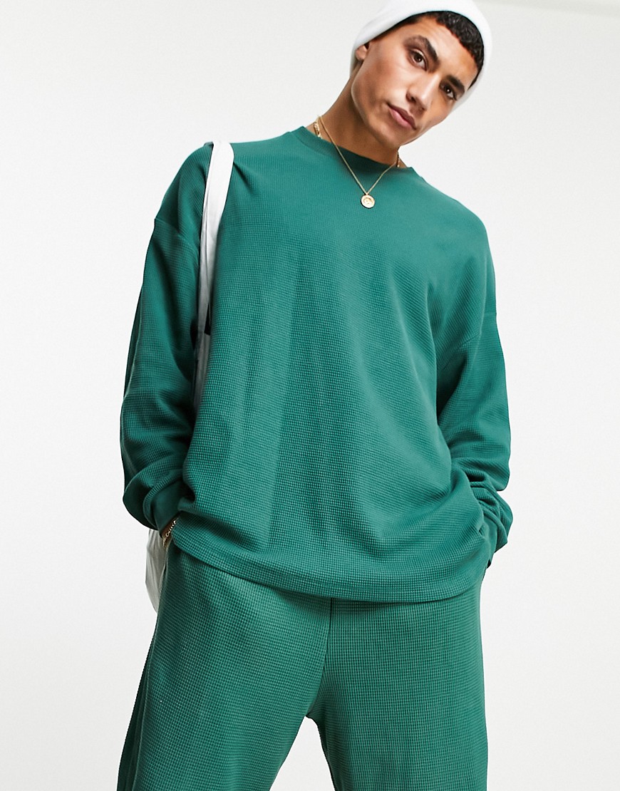 ASOS DESIGN oversized long sleeve waffle t-shirt in dark green - part of a set