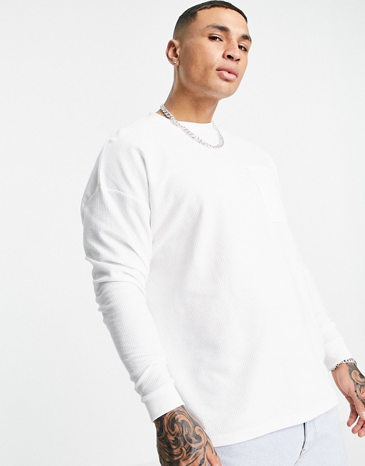 ASOS DESIGN oversized long sleeve waffle t-shirt with pocket and seam detail in white