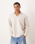 [ASOS DESIGN] ASOS DESIGN oversized long sleeved loopback polo shirt in stone-Neutral M STONE