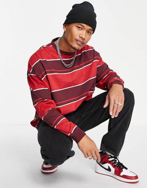 ASOS DESIGN oversized long-sleeved stripe T-shirt in red
