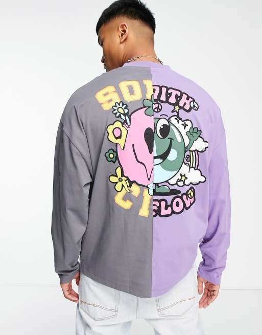 ASOS DESIGN oversized long-sleeved T-shirt in grey and purple colour-block with back graffiti print