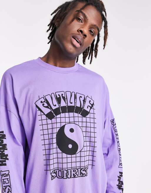 ASOS DESIGN oversized long-sleeved T-shirt in purple with multi placement cartoon print