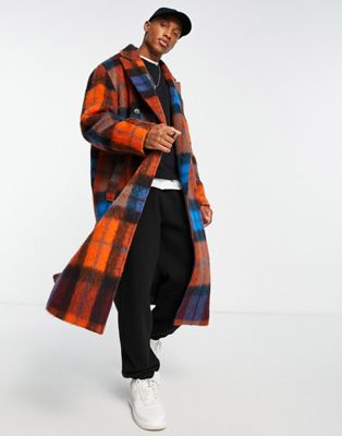 ASOS DESIGN oversized long wool coat with check print in red