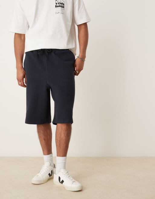 ASOS DESIGN oversized longer length textured short in navy, 2 of 5