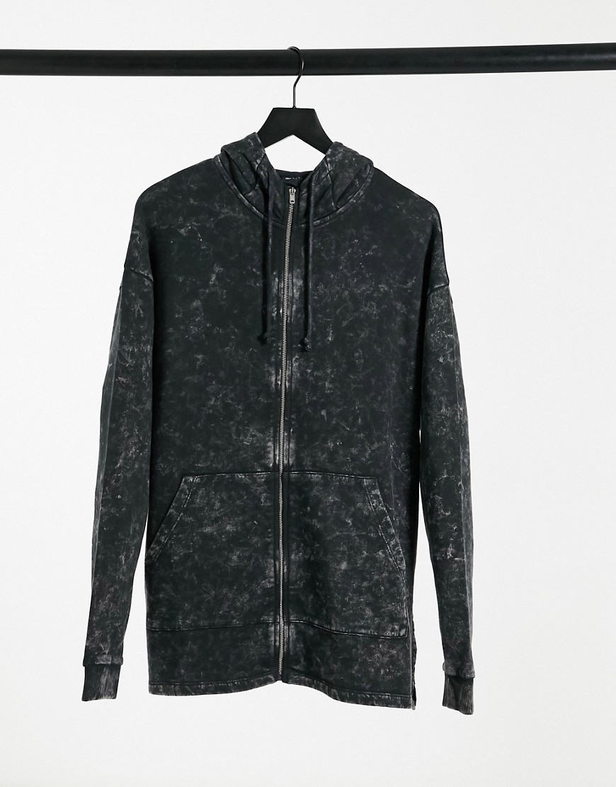 ASOS DESIGN oversized longline acid washed zip up hoodie with side slits-Black
