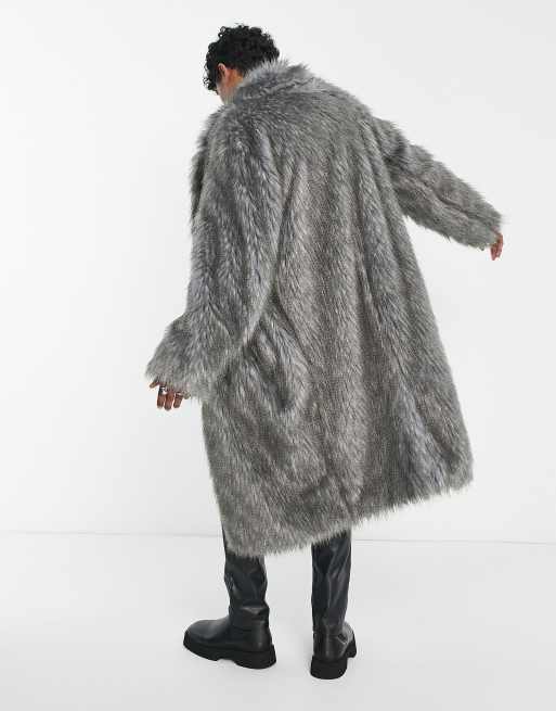 Oversized Grey Faux Fur Coat Men - Fur Coat with Hood