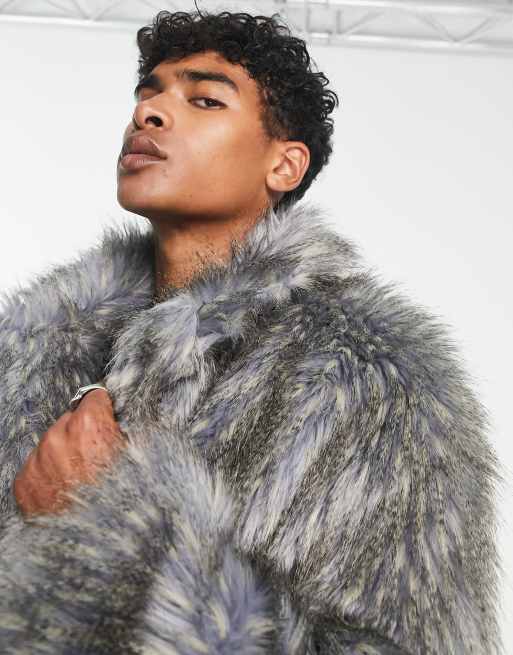 Oversized Grey Faux Fur Coat Men - Fur Coat with Hood