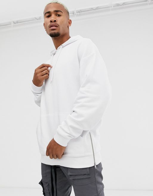 ASOS DESIGN oversized longline hoodie in white with silver side zips | ASOS