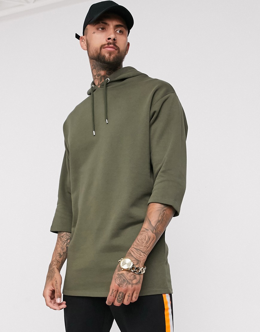 ASOS DESIGN oversized longline hoodie with 3/4 sleeves in khaki-Green