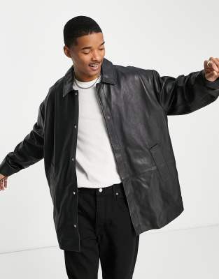 Asos Design Oversized Longline Real Leather Coach Jacket In Black In Black