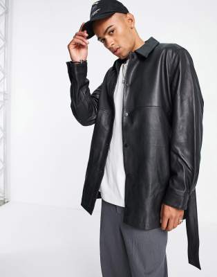 Asos Design Oversized Longline Real Leather Coach Jacket In Black ModeSens