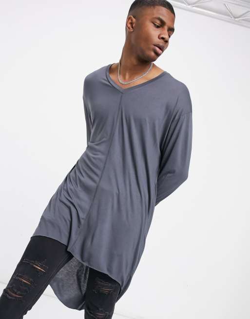 ASOS Long Sleeve Tshirt with Deep V Neck in Black for Men