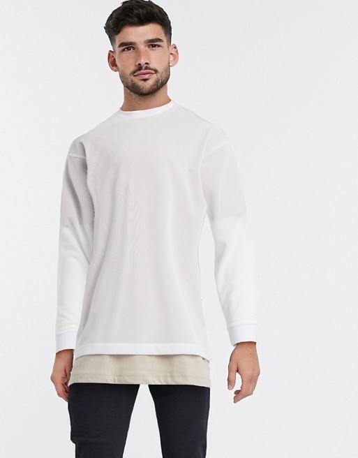 ASOS DESIGN oversized longline long sleeve t-shirt in white mesh with t-shirt underlayer