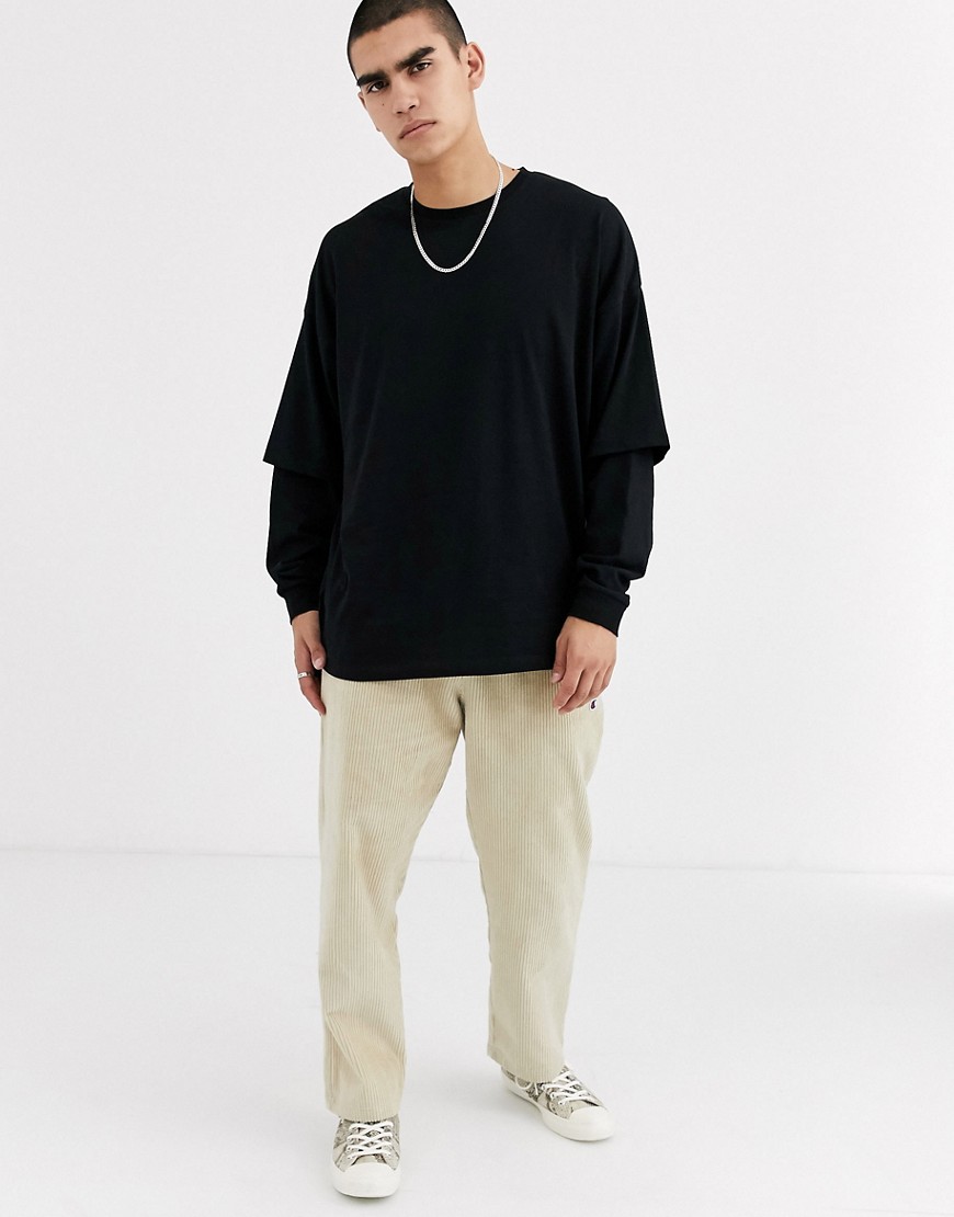 Asos Design Oversized Longline Long Sleeve T-shirt With Mesh Double Layer Sleeve-black