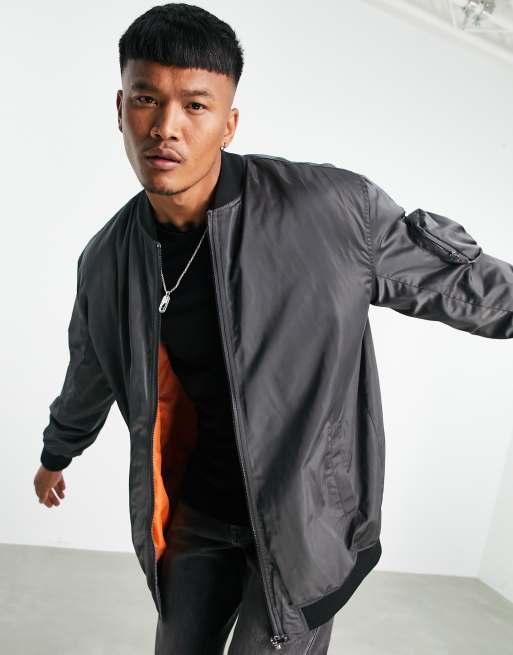 ASOS DESIGN oversized longline MA1 bomber jacket in gray