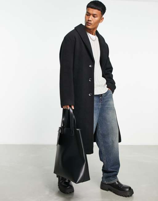 ASOS DESIGN - Oversized longline-overfrakke med bælte i sort uldlook 