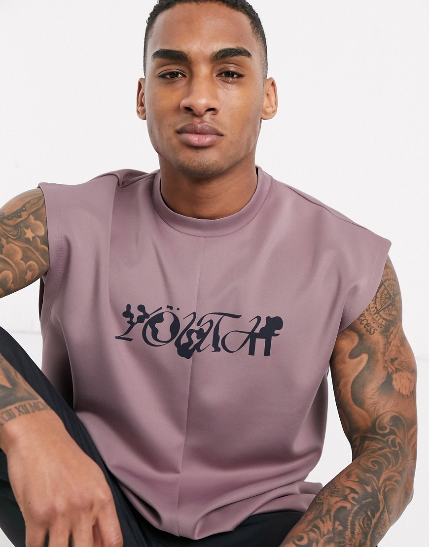 ASOS DESIGN oversized longline sleeveless t-shirt with print in beige scuba-Purple