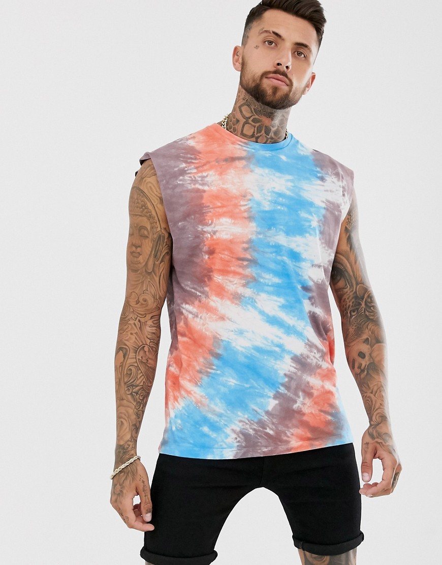ASOS DESIGN oversized longline sleeveless t-shirt with stepped hem in diagonal tie dye wash-Multi