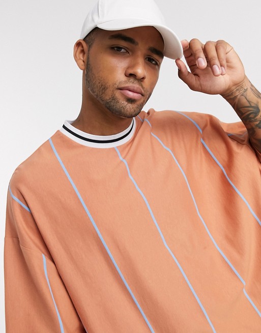 ASOS DESIGN oversized longline striped t-shirt with contrast tipped neck