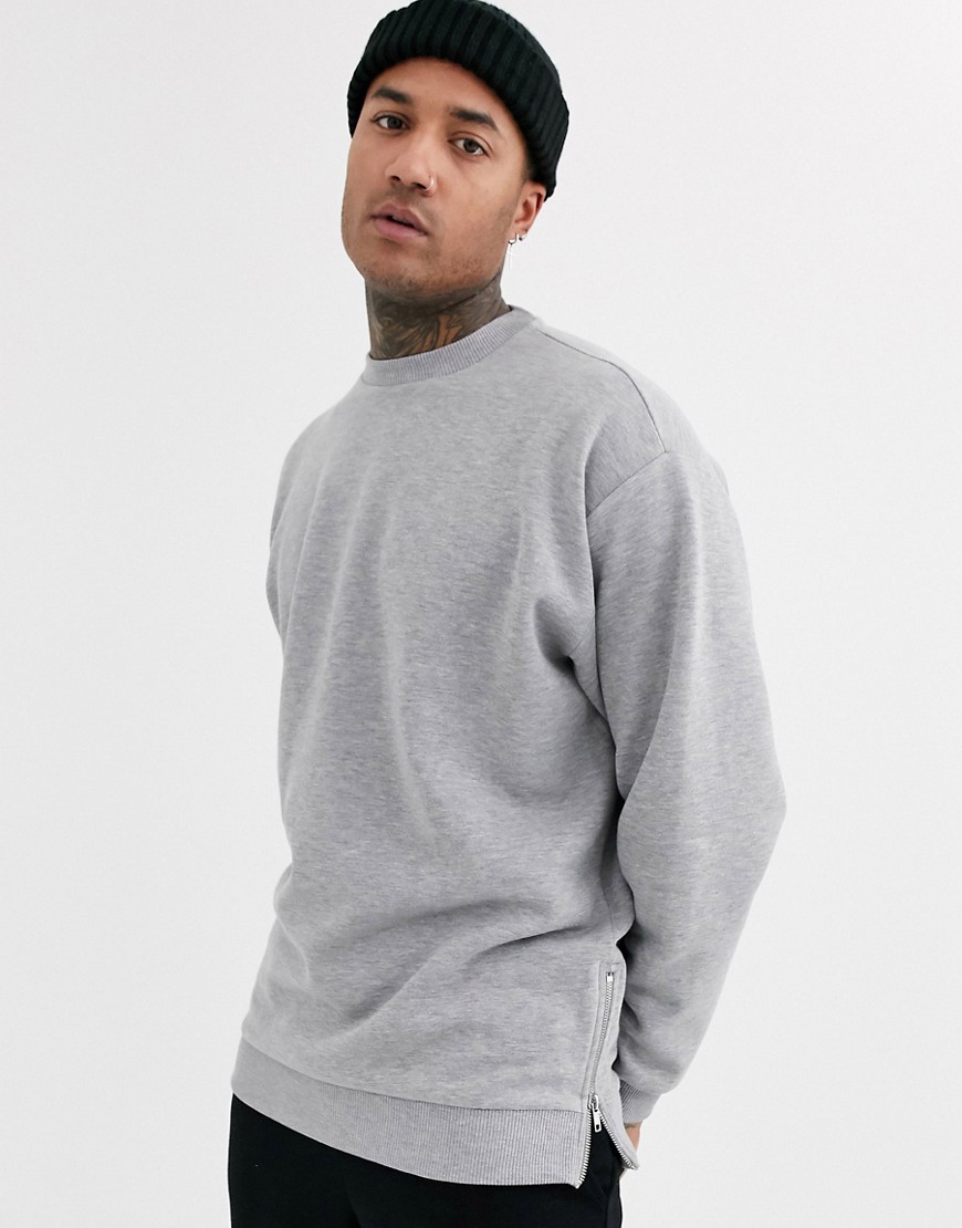 ASOS DESIGN oversized longline sweatshirt in grey marl with silver side zips