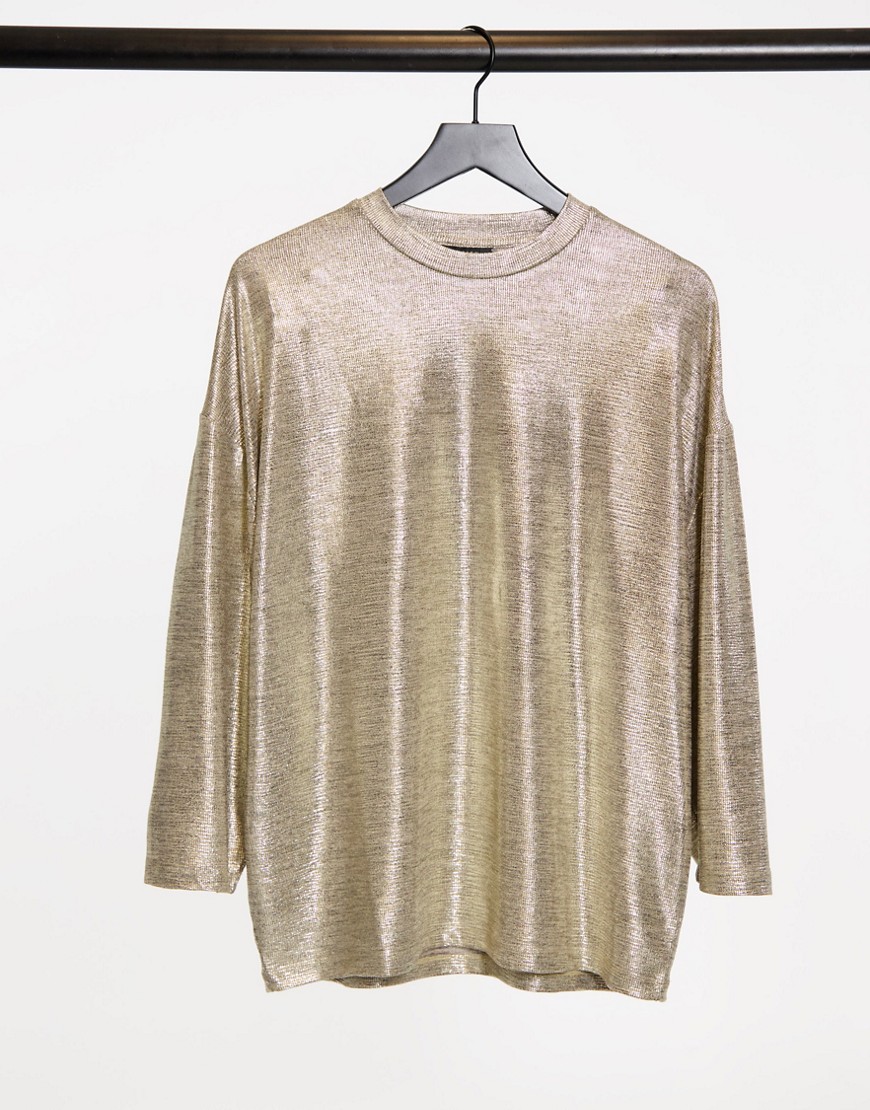 ASOS DESIGN oversized longline t-shirt with 3/4 wide sleeve in gold