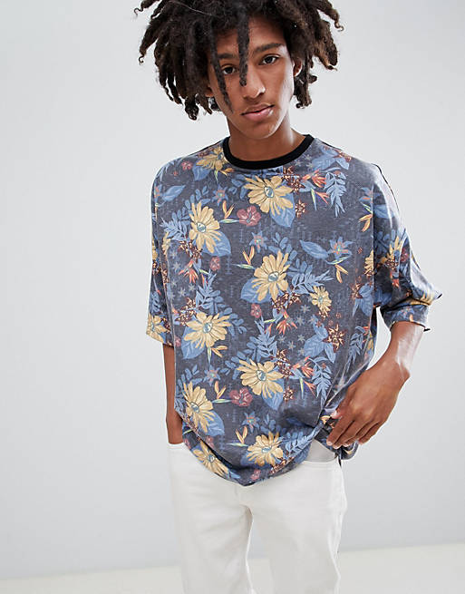 ASOS DESIGN oversized longline t-shirt with all over floral print in ...