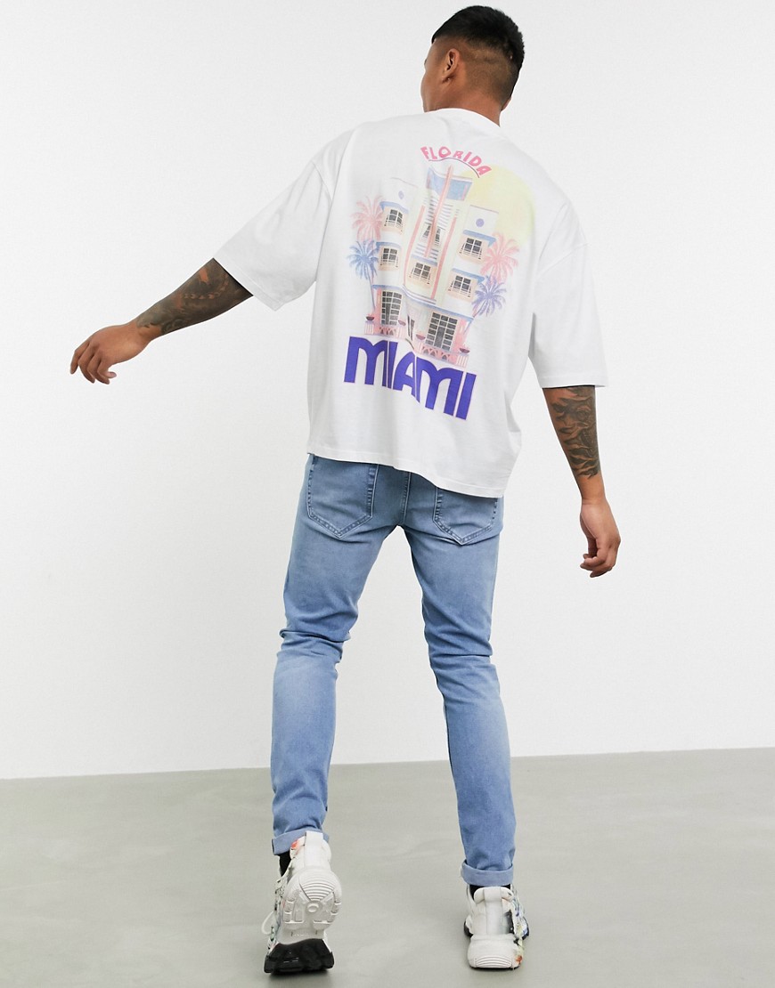 ASOS DESIGN oversized longline t-shirt with back and front city print-White