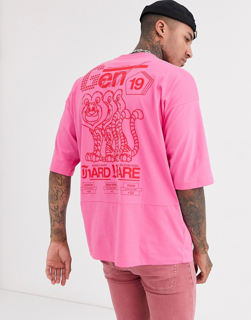 ASOS DESIGN oversized longline t-shirt with back text print and seam detail-Pink