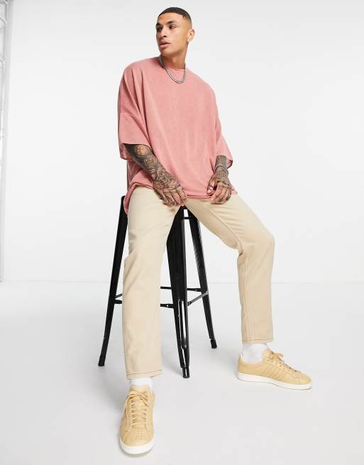 ASOS DESIGN oversized longline T-shirt with batwing in linen look fabric in pink
