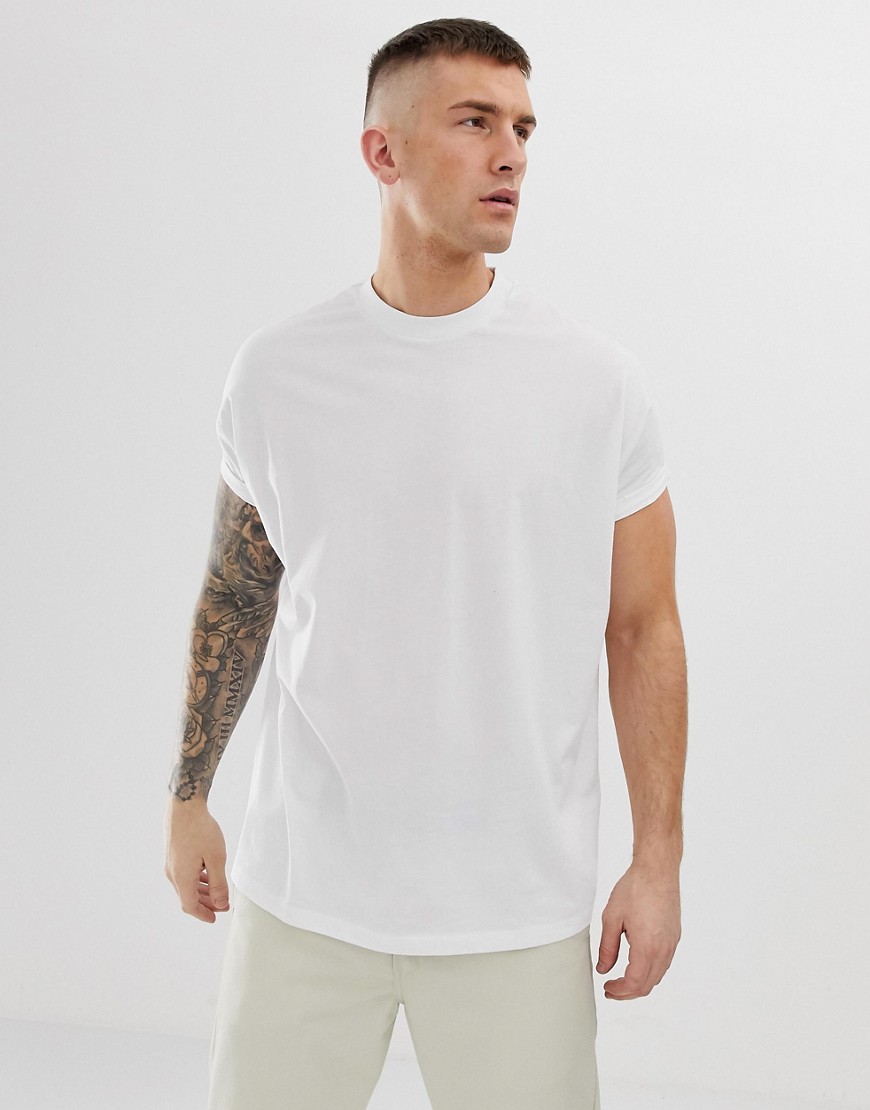 ASOS DESIGN oversized longline t-shirt with crew neck and roll sleeve in white