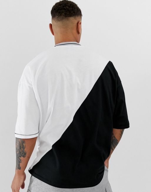 ASOS DESIGN oversized longline t-shirt with diagonal color block and tipping
