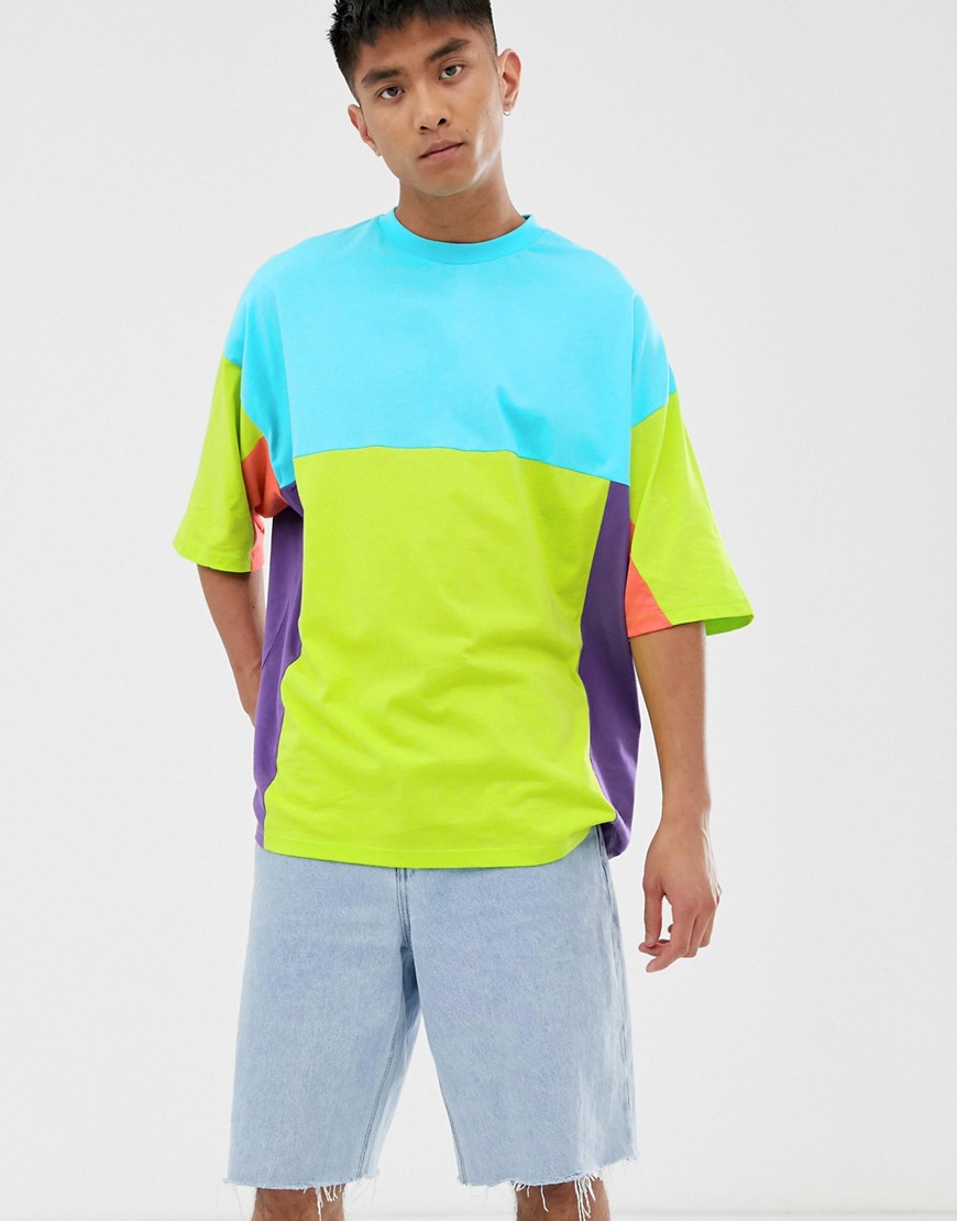 ASOS DESIGN oversized longline t-shirt with half sleeve in retro colour block-Multi