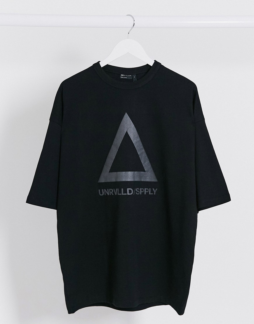 ASOS DESIGN oversized longline t-shirt with large reflective Unrivalled Supply Logo in heavyweight jersey-Black
