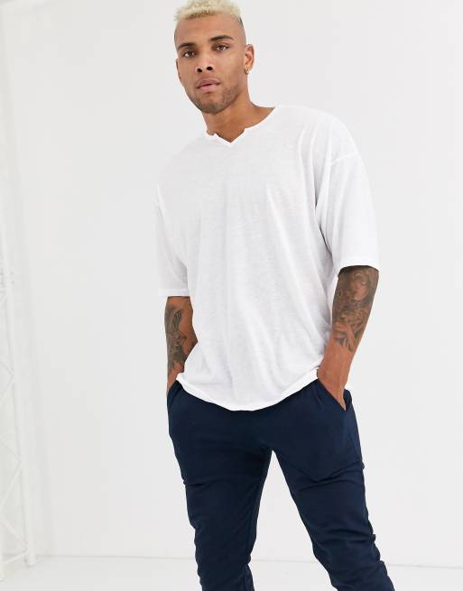 Asos Design Oversized Longline T Shirt With Notch Neck In Linen Mix In