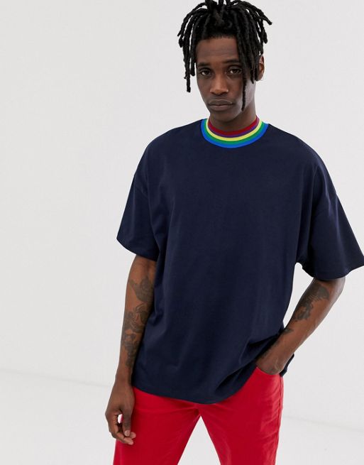 ASOS DESIGN oversized longline t-shirt with rainbow turtle neck in navy ...